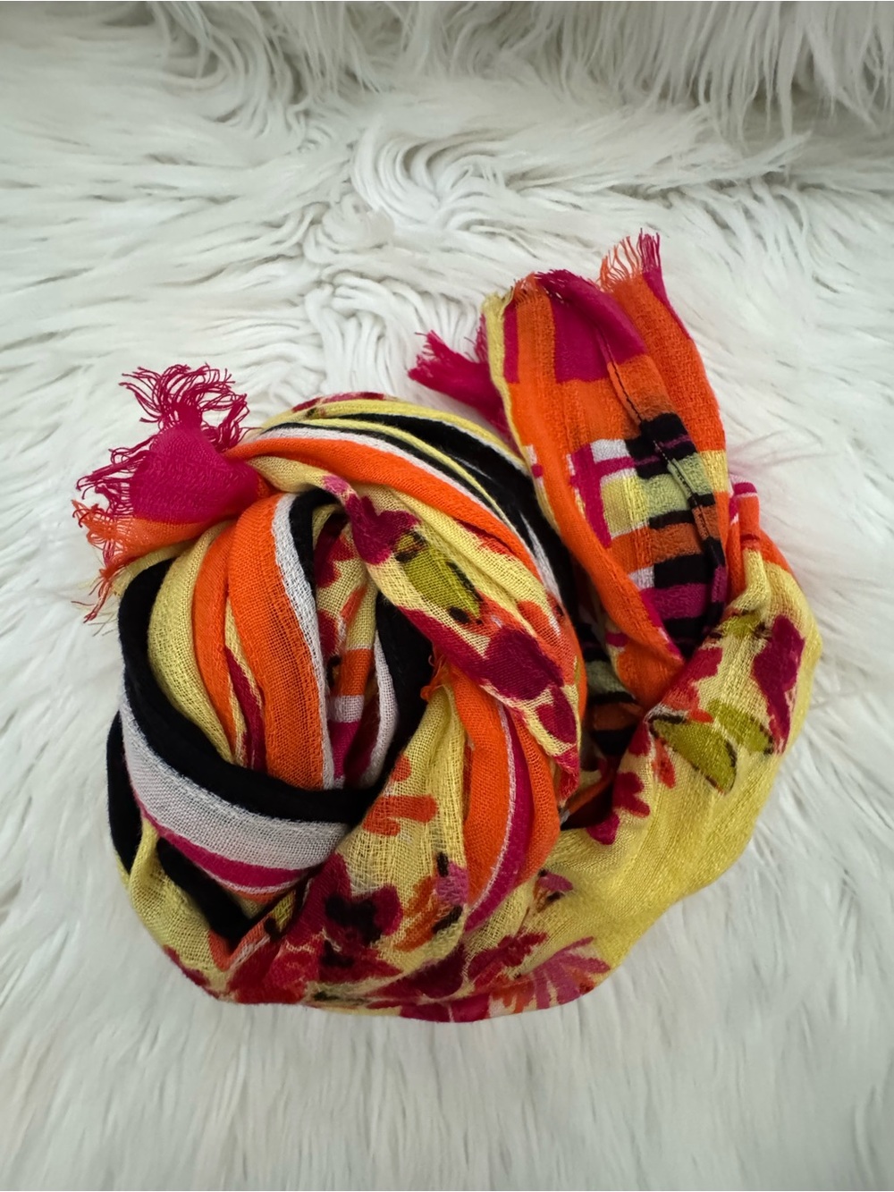 Vibrant Floral Stripe Women's Scarf - Orange, Yellow & Pink